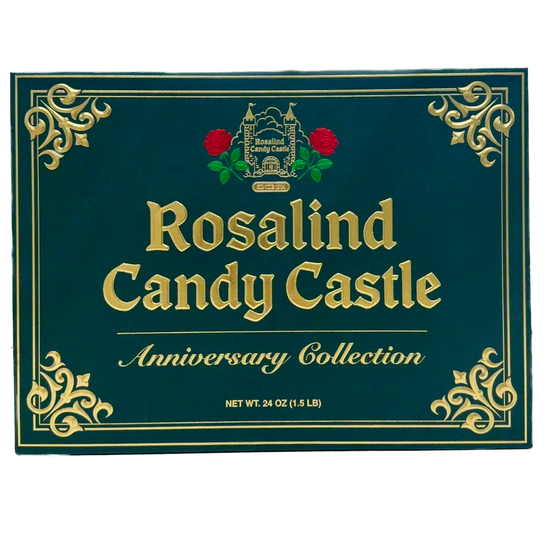 Rosalind Candy Castle Anniversary Collection packaging with decorative elements on a green background