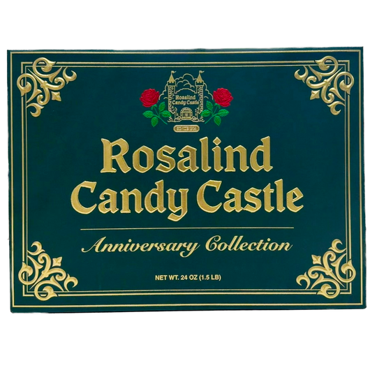 Rosalind Candy Castle Anniversary Collection packaging with decorative elements on a green background