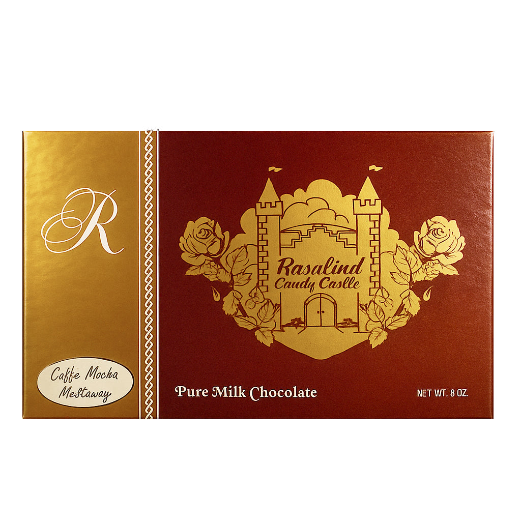 Chocolate packaging with gold and brown design featuring a castle and roses. Caffe Mocha meltaways inside