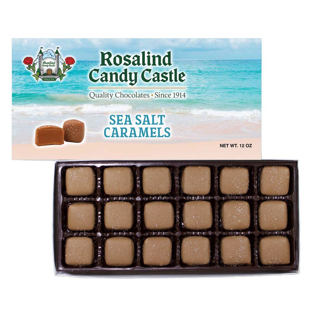 Box of Rosalind Candy Castle sea salt caramels on a beach theme background
