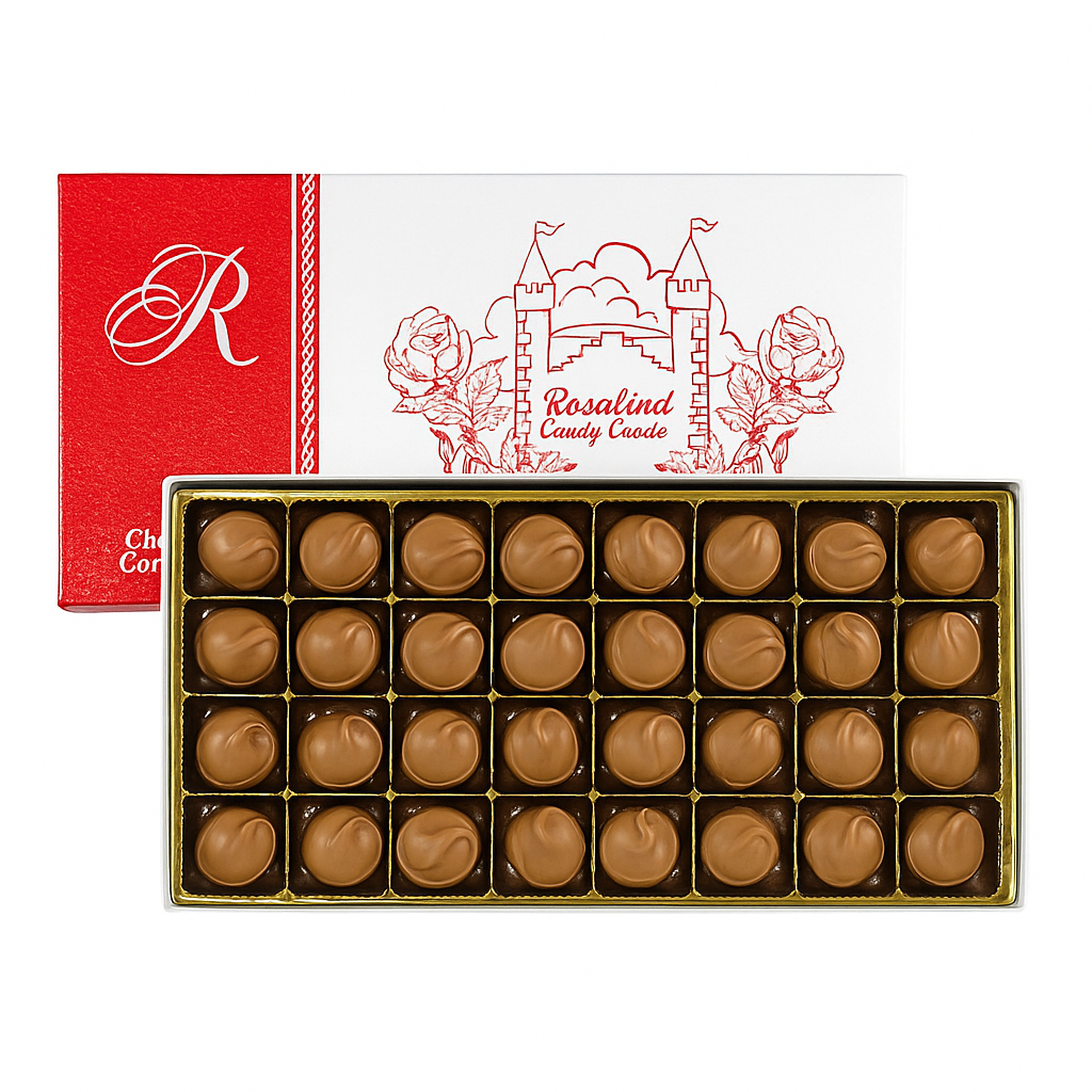 Box of chocolates with a decorative box featuring 'Rosalind Candy Castle' branding.