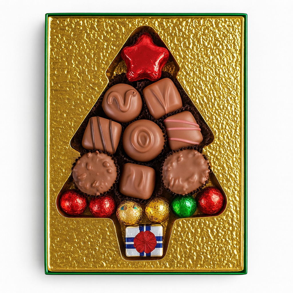 Gold Christmas tree-shaped chocolate box with assorted chocolates on a white background