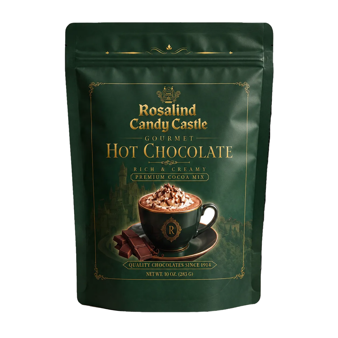 Hot chocolate pouch.  Green bag with gold lettering. rosalind candy castle logo. cup of hot chocolate pictured