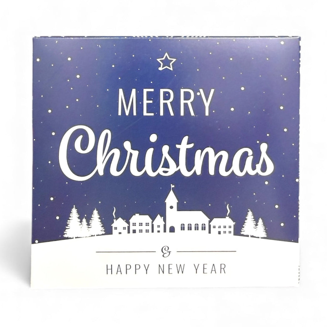 Christmas card with 'Merry Christmas & Happy New Year' text on a snowy village background.