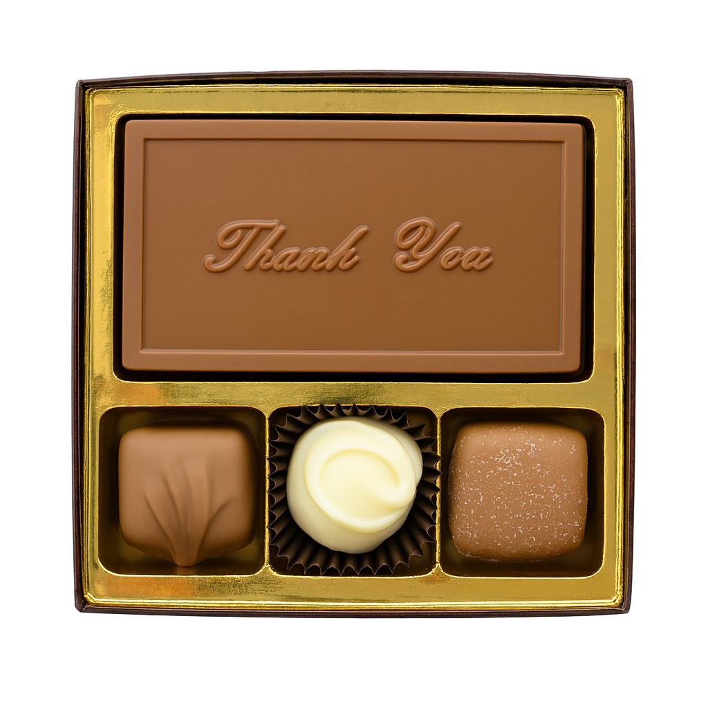 Chocolate box with 'Thank You' message and three assorted chocolates on a white background