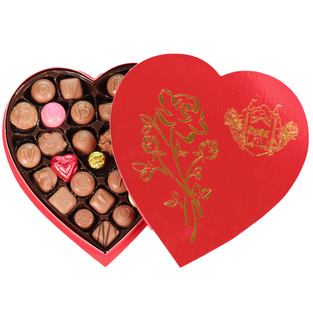 Chocolate Valentines Heart Box with Gold rose