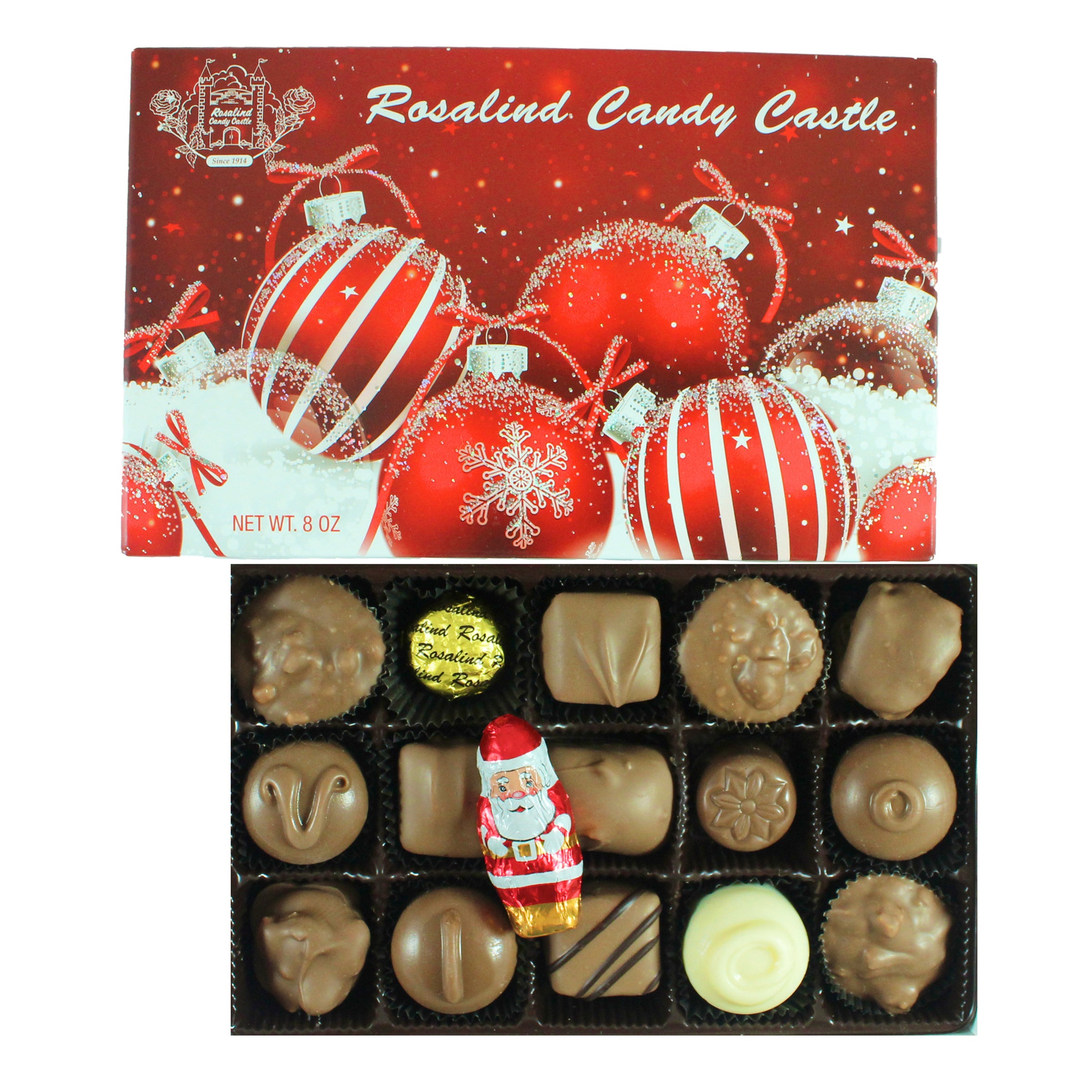 A box of assorted milk chocolates with a festive design, including a Santa Claus figure, packaged in a holiday-themed box with red ornaments.